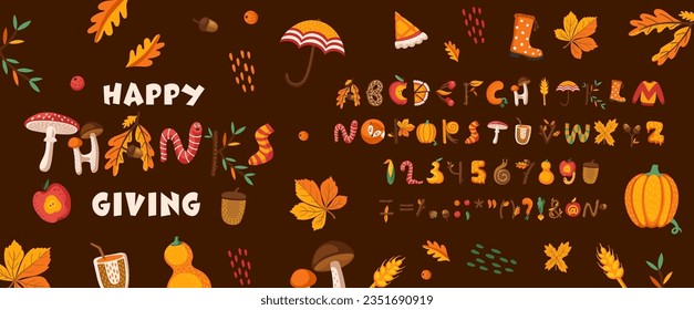 Cartoon autumn font, Thanksgiving type, autumnal fall typeface, harvest holiday english alphabet. Vector typography abc font, autumn leaves letters and numbers with Thanksgiving pie, rain, mushroom