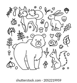 Cartoon autumn forest animals set. Bundle - bear, fox, hare, squirrel, snail, mushrooms, leaves and ladybug for kids. Vector illustration isolated on white background for coloring book or woodburning