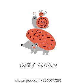 Caricatura en bosque otoñal y animales - ilustración vectorial en estilo plano. Hogar, caracol, picadillo, árboles, hojas, hongos