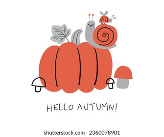 Cartoon autumn forest and animals - vector illustration in flat style. Cute snail, ladybug, trees, leaves, mushrooms