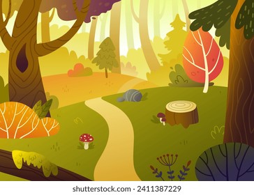 Cartoon autumn forest background. Cute vector woodland landscape with hills and pathway.