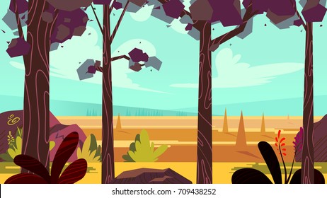 Cartoon autumn forest background. Seamless parallax for arcade video game. Vector illustration, size 1920x1080.