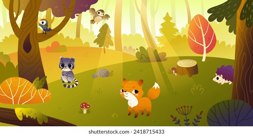 Cartoon autumn forest with cute animals. Cute vector woodland landscape with baby animals.