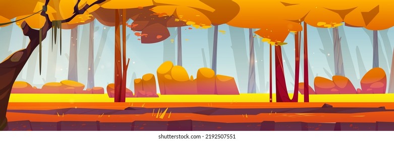 Cartoon autumn forest, wood nature landscape with yellow grass, orange trees and bushes cross section ground view. Scenery natural parallax background for game, 2d panoramic scene, Vector