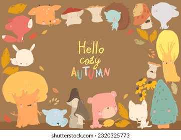 Cartoon Autumn Frame with Woodland Animals and Trees. Vector Illustration