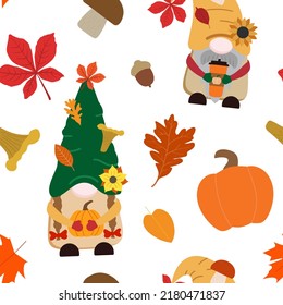 Cartoon autumn gnomes with pumpkins, dry leaves, and mushrooms. Vector seamless pattern on white background. Design for holiday wallpapers, and wrapping paper.