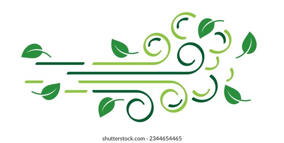 Cartoon autumn, green flower. Leaves, spring time. Puff of wind blow line symbol. leaf, blowing wind, weather, environment. Gust pictogram. Wind trails. Blowing trails. Windy weather, forecast. 