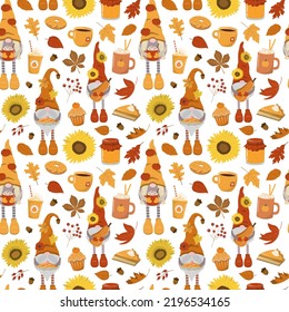 Cartoon autumn harvest background with cute gnomes, pumpkins, cakes, hot drinks, and dry leaves Isolated on white background. Fall festival design for wallpaper, wrapping, and digital paper.