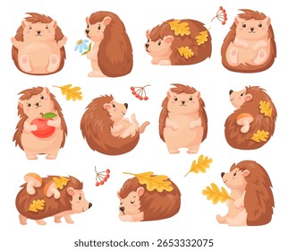 Cartoon autumn hedgehog. Cute hedgehogs fall forest animal character, baby urchin sleep funny wild animals with mushroom leaf woodland leaves, childish neat vector illustration