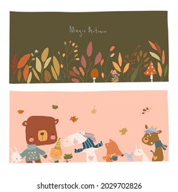 Cartoon Autumn Illustrations with Animals and Plants