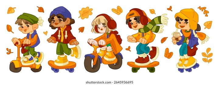Cartoon Autumn Kids on Wheels. Five kids in autumn outfits riding scooter, skateboard, balance bike, roller skates, and walking. Flat cartoon style with falling leaves, isolated on white background.