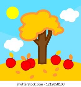 Cartoon autumn landscape with apple tree, blue sky with white clouds and yellow sun