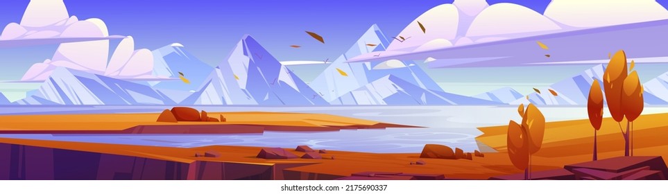 Cartoon autumn landscape, beautiful nature background with mountains, orange trees, clear lake with rocky shore under blue sky with clouds, scenery fall woodland panoramic view, Vector illustration