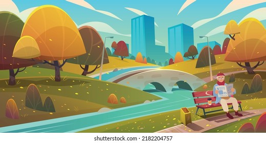 Cartoon autumn landscape of city park with river bridge fallen leaves and senior man reading newspaper on bench with coffee vector illustration