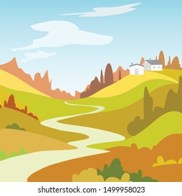 Cartoon autumn landscape with colorful fields, trees and house, Beautiful rural nature.  Vector Illustration.