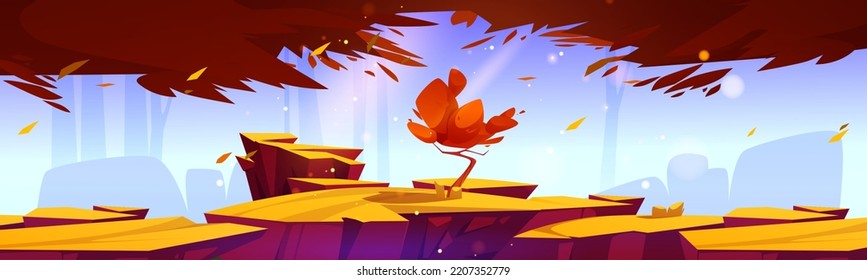 Cartoon Autumn Landscape Lonely Tree Growing On Rocks. Nature Background, Game Scene With Yellow Grass, Falling Leaves Trees And Rocks Under Falling Sun Rays, Scenery Natural Vector Illustration