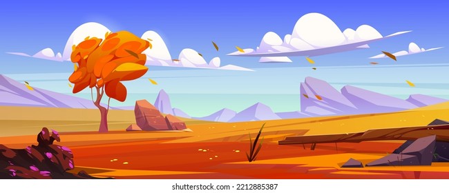 Cartoon autumn landscape, mountain valley nature background with orange rocky plain under blue sky with clouds, falling leaves and stones, beautiful scenery fall scenic view, Vector illustration