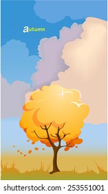 Cartoon autumn landscape with a tree. Vector illustration