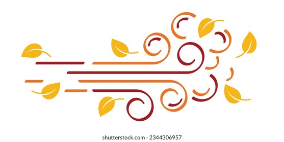 Cartoon autumn. Leaves, spring time. Puff of wind blow line symbol. leaf, blowing wind, weather, environment. Gust pictogram. Wind trails. Dust spray and wind blowing trails. Windy weather, forecast. 