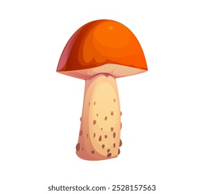 Seta de otoño de dibujos animados con una tapa naranja-marrón y tallo beige, moteado con manchas marrones oscuras. Hongos aislados del Vector porcini o del boletus, planta forestal, ingrediente natural, especie de la micología