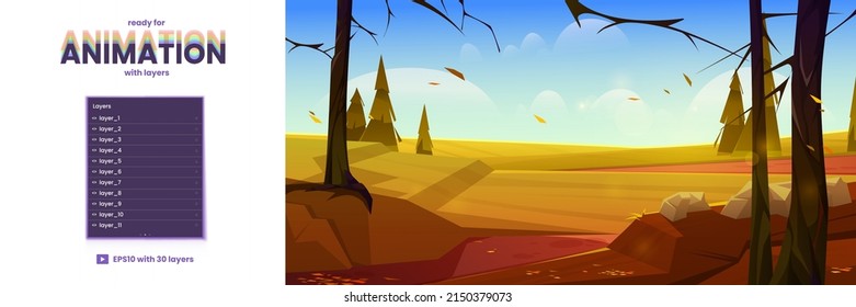 Cartoon autumn nature landscape layers ready for 2d game animation. Rural dirt road going along bare trees under blue sky with rare clouds, scenery wood parallax background, Vector illustration