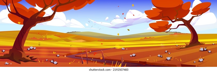 Cartoon autumn nature landscape, rural fall scene with road in field with yellow grass, flowers, orange trees and hills under blue sky with fluffy clouds scenery natural background Vector