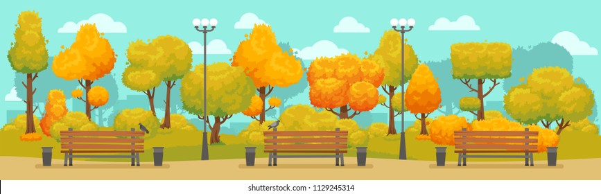 Cartoon autumn park panorama. Autumnal city parks road street with yellow and red trees outdoor walkway bench. Fall street tree path panoramic landscape september colorful vector background