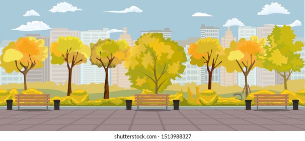 Cartoon autumn park panorama with walkway bench and bins. Fall street yellow tree path panoramic landscape. Vector illustration.