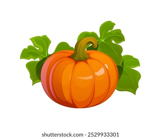 Cartoon autumn pumpkin with lush green leaves. Isolated vector ripe gourd plant with the foliage, symbol of the autumnal harvest, Thanksgiving or Halloween. Vibrant orange pumpkin, fall season plant