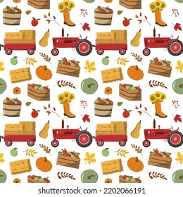 Cartoon autumn red harvest tractor and trail with hay straw, pumpkins, apples in boxes and baskets, flowers, and forest leaves. Harvest, Thanksgiving day theme design. Isolated on white background.