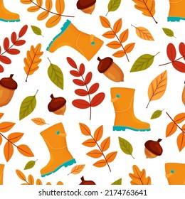 Cartoon autumn seamless pattern with leaves, boots and acorns. Vector illustration for wrapping paper, cards, background and different fall design.