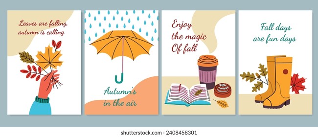 Cartoon autumn seasonal posters. Cute cozy fall elements, rubber boots, umbrella and herbarium made of leaves, hygge objects, vector set.eps
