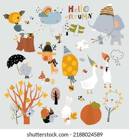 Cartoon Autumn Set with Funny Animals and Trees