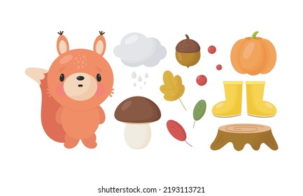 Cartoon Autumn set. Vector illustration. Cute squirrel, nut, mushroom, cloud, boots, leaves, berries, pumpkin, stump. Good for cards, stickers, prints etc.
