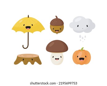Cartoon Herbstset. Vektorgrafik. Schirm, Nuss, Pilz, Wolke, Kürbis, Stumpf. Gut für Karten, Ikone, Aufkleber, Drucke etc.