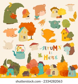 Cartoon Autumn Set with Woodland Animals and Trees