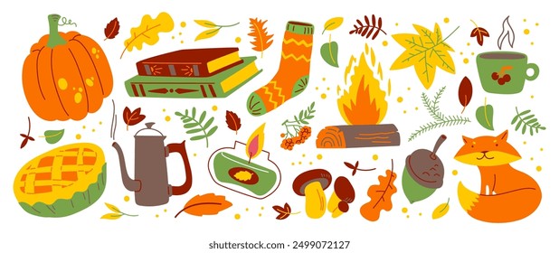 Cartoon autumn stickers. Set of autumn elements: leaves, blanket, sweater, pumpkin, food. Cozy hygge shapes in Scandinavian doodle style, warm colors