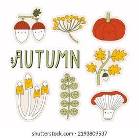 Cartoon autumn stickers. Vector set of hand drawn characters and seasonal attributes. Acorns, berry branch, pumpkin, oak twig, mushrooms, decorative text.