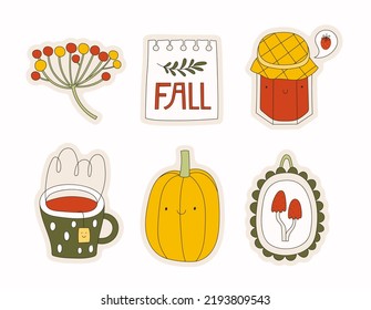 Cartoon autumn stickers. Vector set of hand drawn characters and seasonal attributes. Branch of berries, calendar sheet, strawberry jam, cup of tea, pumpkin, picture.