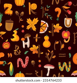 Cartoon autumn and Thanksgiving letters or numbers seamless pattern. Fall alphabet font vector background of autumn season harvest festival with pumpkins, apple and corn, maple pie and acorn letters