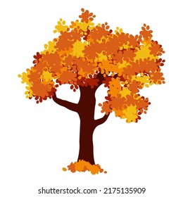 Cartoon autumn tree isolated on a white background. Vector element for fall landscape, autumn cards, kids books.