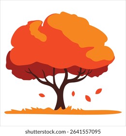 Cartoon autumn tree vector featuring yellow orange fall leaves. Ideal for seasonal designs, forest landscapes, and park background illustrations.