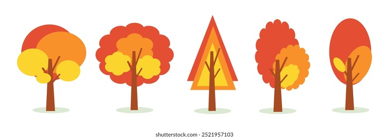 Cartoon autumn trees and bushes, yellow forest tree. Nature plants with red foliage and leaves. Fall season trees for park or garden vector set. Ecological elements, environment elements