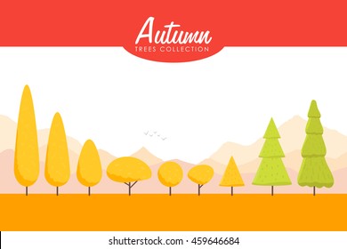 Cartoon Autumn trees set. Low poly Vector illustration.