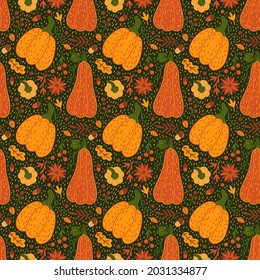 Cartoon Autumn vector seamless pattern. Hand drawn Pumpkin, falling leaves, mushroom and berries. Fall season, Harvest. Thanksgiving Day background for prints, fabric, textile, wrapping, invitation