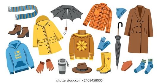 Cartoon autumn warm wardrobe. Demi season clothing, protection from cold and rain, raincoat, umbrella, sweatshirt, rubber boots, vector set.eps
