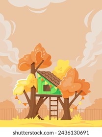 Cartoon autumnal treehouse scene. Warm-toned illustration of a cozy treehouse among autumn leaves. Little green tree fort.