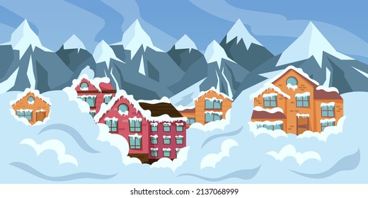 Cartoon Avalanche. Snow Natural Disaster Scene With Buried Houses. Vector Illustration