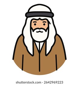 A cartoon avatar of an Arab man with a beard, wearing a traditional ghutra and agal headdress. A simple, respectful character icon for cultural or international business content.