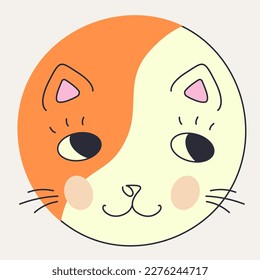 Cartoon avatar, cute animal clipart. Badge sticker, red-white cat with black eyes. People face, funny creature, expression of emotions. Isolated on white
